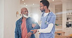 Old man, patient and nurse, help with walking and support, elderly care and health with rehabilitation. Physical therapy, healing and men at nursing home, communication and person with disability