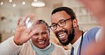 Video call, wave and a black woman with a doctor or man for healthcare, talking and in a nursing home. Happy, face portrait and a senior patient with a hello for a virtual conversation with a nurse