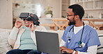 Laptop, virtual reality or metaverse with a volunteer and patient on a sofa in the home living room for healthcare. Computer, technology and vr headset with a medical nurse talking to a senior woman