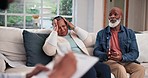 Counselling, senior or angry black couple argue with stress for marriage problem, breakup or bad communication. Therapist, divorce or frustrated people in conflict for cheating crisis, drama or hate
