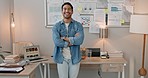 Business man, arms crossed and laughing face with creative worker and smile from graphic designer job. Happy, professional and portrait with entrepreneur employee at a startup with career confidence