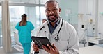 Hospital, face and black man with a tablet, doctor and typing with website info, internet and consultant. African person, portrait and medical professional with tech, clinic and research with email