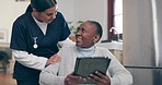 Home, nurse and senior woman with a tablet, typing and connection with healthcare, social media and internet. Elderly person, caregiver and patient with tech, retirement and digital app with support