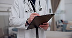 Doctor hands, documents and writing in medical checklist, healthcare charts or hospital notes for patient services or progress. Clinic worker or surgeon on clipboard, paperwork and results or report