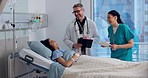 Happy man, doctor and writing with patient in diagnosis, prescription or healthcare checkup on hospital bed. Male person, medical team or surgeon talking to customer for health advice at clinic