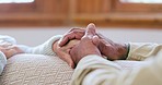 Senior couple, holding hands and love closeup with empathy, kindness and care in a home. Retirement, marriage hope and elderly people together with trust and support for healing and helping in house