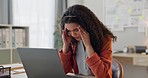 Frustrated woman, laptop and headache in burnout, stress or mistake from overworked at office. Tired and exhausted female person with migraine in fail, depression or anxiety on computer at workplace