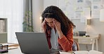 Frustrated woman, laptop and headache in mistake, stress or depression from overworked at office. Tired and exhausted female person with migraine in fail, burnout or anxiety on computer at workplace