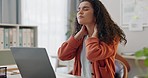 Frustrated woman, laptop and neck pain in burnout, stress or mistake from overworked at office. Tired and exhausted female person with injury in fail, depression or anxiety on computer at workplace