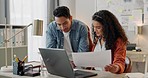 Business people, laptop or man with woman, document or teamwork with planning, brainstorming or support. Staff,  feedback or manager with employee, pc or paperwork with partnership, review or startup