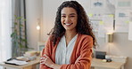 Happy, woman and portrait with arms crossed in office with press, writer and author with confidence in workplace. Publication, business and reporter with success working for newspaper or magazine