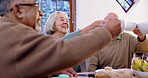 Tea, old people or friends toast in retirement talking for support, care or trust for bond in nursing home. Coffee, smile or happy elderly women cheers for senior friendship or solidarity with men