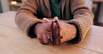 Hands, cross and religion with praying and worship God, Christian with peace and help, gratitude and respect. Faith, crucifix or rosary beads with spiritual person, guide and question with hope