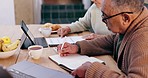 Old couple with bills, calculator and home budget for mortgage, payment with laptop and tablet. Financial documents, senior man and woman at table planning taxes, retirement or fintech in apartment.