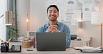 Face, business and man with a laptop, smile and connection with a startup, employee and entrepreneur. Portrait, person and consultant with a pc, email and happy with website information and internet