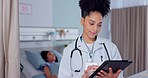 Woman, doctor and tablet in research for healthcare, medical or Telehealth in communication at hospital. Female person, nurse or surgeon on technology for networking, study or online search at clinic