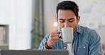 Drinking coffee, business and man with a laptop, relax and connection with a startup, espresso and entrepreneur. Tea, person or consultant with a pc, email and calm with website information and break