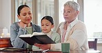 Grandmother, kid and reading bible, home religion and christian education with girl, grandmother and parent. Senior woman, family and child with holy book, learning gospel or scripture, faith or god