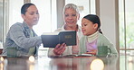 Family, kid and reading Bible for christian education, religion teacher and mom or girl learning of God at home. Senior woman, grandmother and child with holy book, talking and support with faith