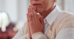 Closeup, hands and senior woman with prayer, spiritual and guidance with religion, blessing and Christian. Person, believer and mature lady with peace, home and praying with Catholic, worship or hope