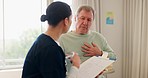 Clipboard, healthcare and nurse with senior man for chest pain or infection treatment in nursing home. Checklist, discussion and female caregiver talking to elderly patient with asthma in retirement.