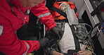 Patient, paramedic and blood pressure with oxygen mask in ambulance for emergency, injury or healthcare with neck brace. First responder, person and anesthesia for medical health, support or victim