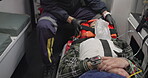 Patient, paramedic and man with oxygen mask in ambulance for emergency, injury or healthcare with neck brace. First responder, 911 and person with anesthesia for medical health, support or victim