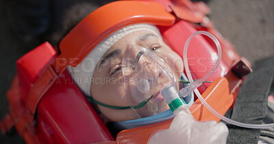Oxygen mask, first aid and woman breathing after accident, injury and ...