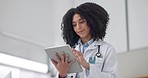 Happy woman, doctor and thinking with tablet in research, communication or networking at hospital. Female person, nurse or medical surgeon working on technology in wonder, schedule or ideas at clinic