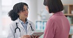 Woman, doctor and consulting patient with tablet in healthcare for diagnosis, results or checkup at hospital. Female person, nurse or medical surgeon on technology for consultation or health advice