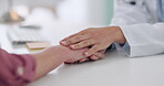 Hands, doctor or woman with empathy in office for healthcare, medical support or wellness at hospital. Professional, employee or person with patient for conversation, advice or consultation at clinic