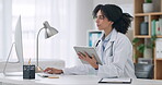 Research, results and doctor with tablet and computer for healthcare, project and thinking of medical innovation. Surgeon, planning and working with technology in medicine analysis in hospital