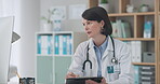 Computer, research or doctor writing in a notebook for medical notes, feedback documents or news info. Woman, healthcare paperwork update or surgeon working on a science report analysis on clipboard