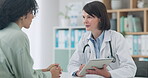 Meeting, woman and doctor with results on tablet in conversation with patient in office, clinic or healthcare. Medical, talk and people in consultation with tech for medicine, research and report