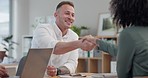 Handshake, partnership and applause with a business team in an office for the celebration of a target or goal. Meeting, success or agreement with a man and woman employee group clapping at work