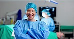 Portrait of woman surgeon, surgery and team in operating room at emergency healthcare clinic. Health, doctor and happy face of medical professional in hospital theater for wellness, care and help.