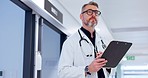 Doctor, man and hospital charts, documents or checklist for healthcare research, services and management in clinic. Surgeon or medical expert thinking of solution with clipboard or planning health