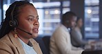 Telemarketing, speaking and black woman with customer service, office and communication. African person, employee and agent with headset, tech support and connection with call center, talking or crm 