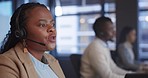 Telemarketing, call center and black woman with customer service, office and communication. African person, employee and consultant with headset, tech support or connection with telecom sales and crm