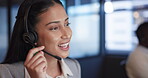 Telemarketing, smile and woman with customer service, telecom sales and communication. Person, employee and agent with headset, tech support and connection with call center, help desk and speaking