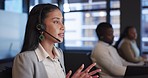 Call center, help desk and woman with customer service, connection and communication with telemarketing. Person, employee and agent with headset, technical support and consultant with call center