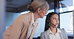 Call center, manager and employee with customer service, mentor and coaching in a workplace. Consultant, supervisor and women with technical support, telemarketing and call center with advice and crm