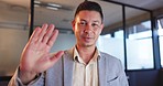 Smile, wave and portrait of man on video call networking, communication or b2b connectivity. Online meeting, greeting and happy businessman in office in virtual conference, interview or discussion.