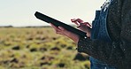 Research, hands or tablet for agriculture on farm for sustainability, production or industry growth analysis. Agro closeup, woman or farmer on countryside field for checklist online or data search 