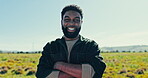 Face, farm and happy black man with arms crossed in countryside for agriculture, agro business and employee outdoor. Portrait, confident farmer and person smile in nature, owner and worker in Nigeria