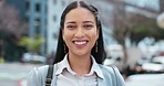 Smile, business and portrait of woman in city with confidence, job opportunity and trust. Downtown, street and face of happy urban businesswoman, employee or entrepreneur with recruitment career.