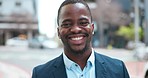 Smile, business and portrait of black man in city with confidence, job opportunity and trust. Downtown, street and face of happy urban businessman, employee or entrepreneur with recruitment career.