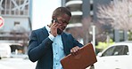 Black man, phone call and walking in city for discussion, proposal or travel on urban street. African businessman talking on mobile smartphone for business conversation, trip or sidewalk in town