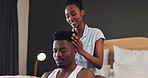 Care, love and African couple in bedroom together with care in relationship and with happiness in the morning. Home, bonding and happy man with woman for romance to relax in room on vacation