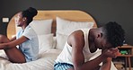 Black couple, fight and conflict in bedroom for frustrated argument, breakup and annoyed at home. Man, woman and partner crying with stress, crisis and drama of cheating, mistake or emotional anxiety
